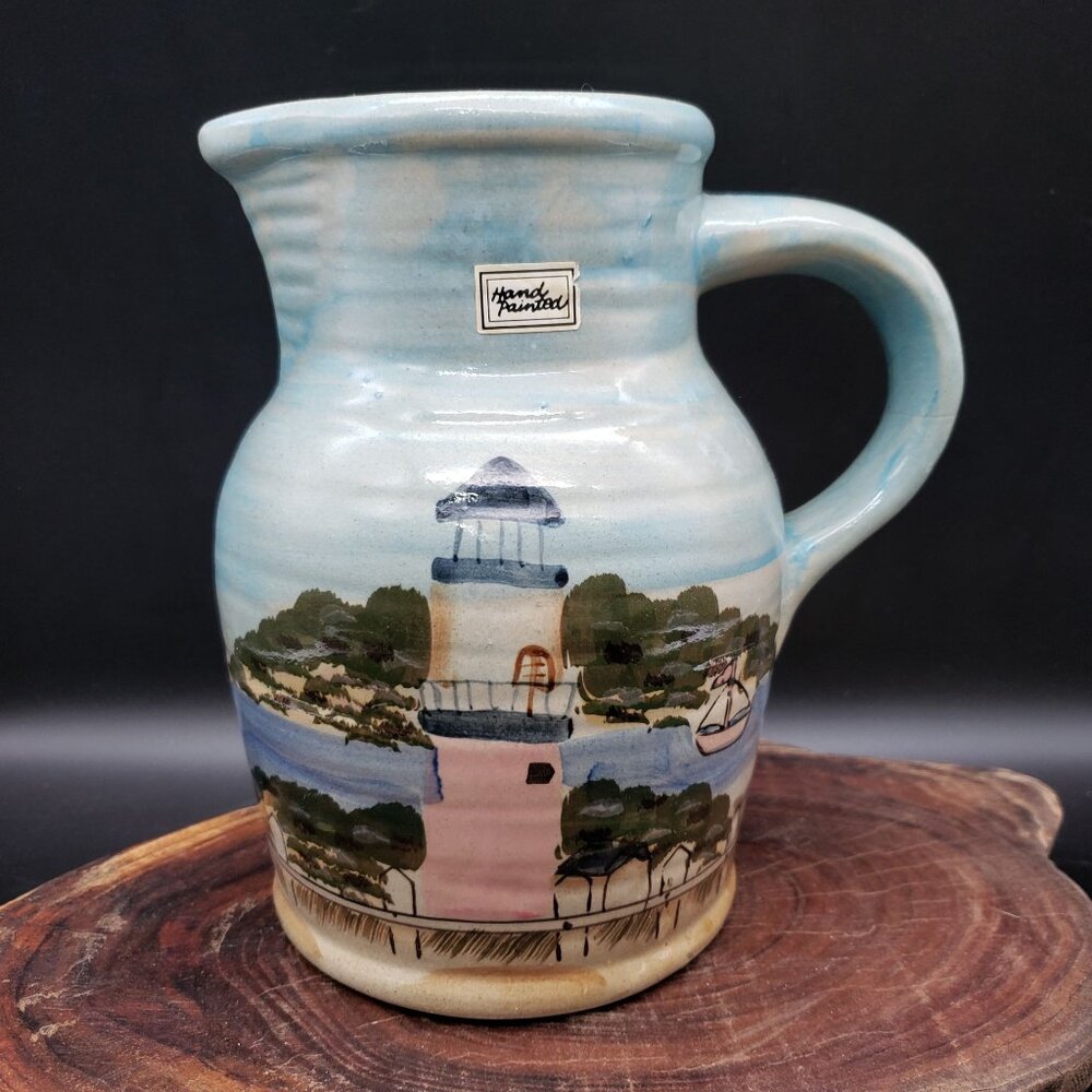 WCL Hand Painted Lighthouse Stoneware Pitcher Blue Coastal Nautical 7.5"